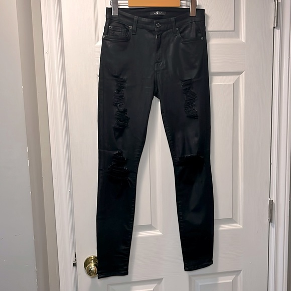7 For All Mankind Shiny Coated Distressed Skinny Jeans - Picture 4 of 8